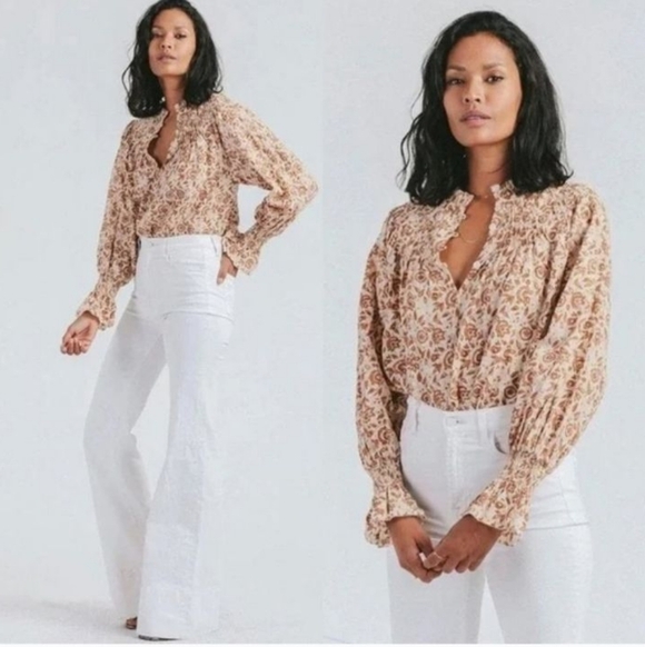 Cloebella Rezza Floral Neutral Metallic Smocked Sleeve Blouse Medium - Picture 2 of 15